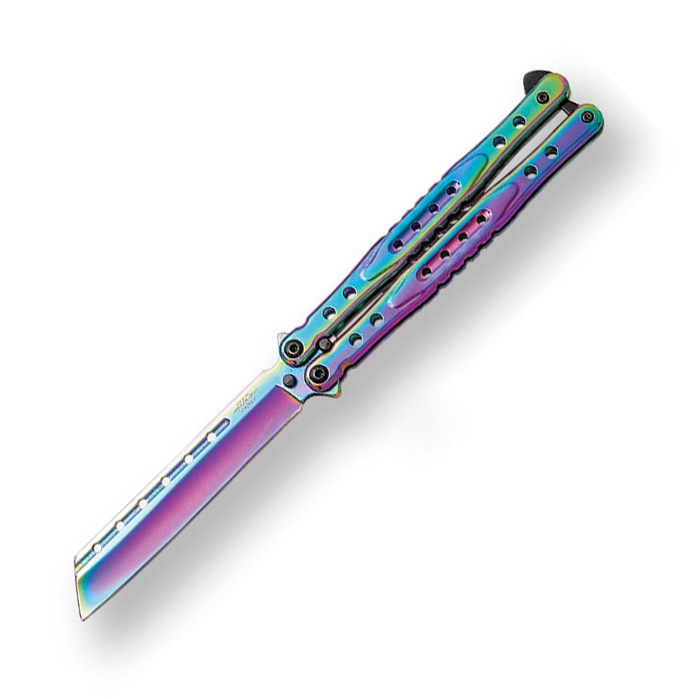 Navaja mariposa rainbow con hoja tanto de 10.5 cm