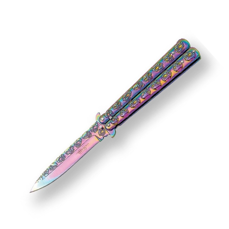 Navaja mariposa rainbow calaveras con hoja de 10 cm y mango de ac...
