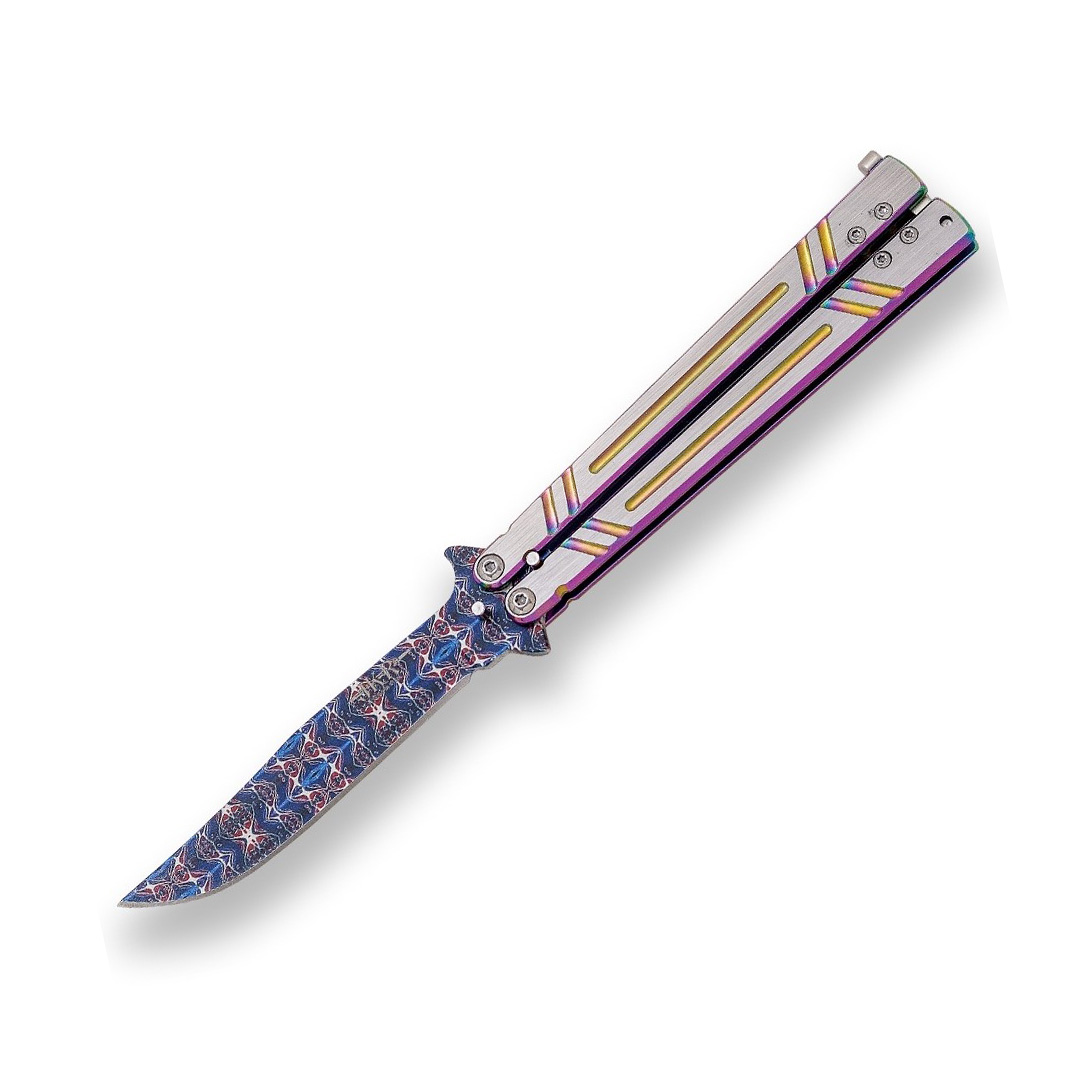 Navaja mariposa con hoja decorada de 10.5 cm y mango de aluminio