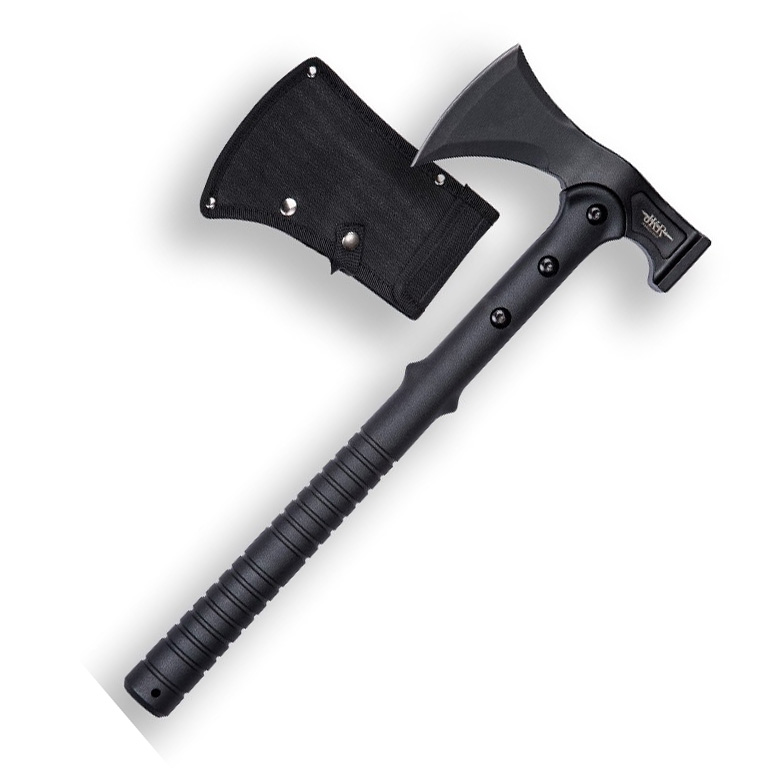 Hacha táctica de 42 cm con hoja negra de acero inox y puño de f...