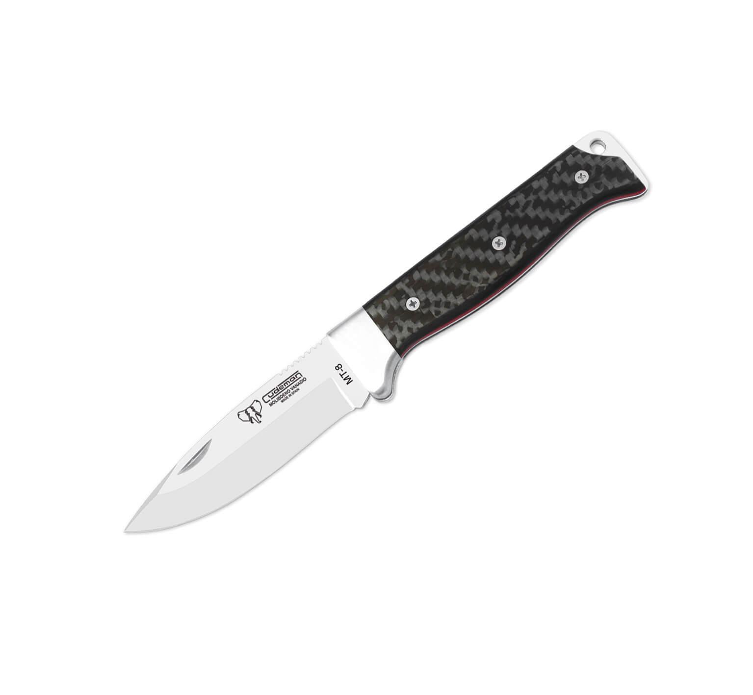 Navaja de supervivencia Cudeman con mango en fibra de carbono. Hoja de 8 cm. Funda de cuero