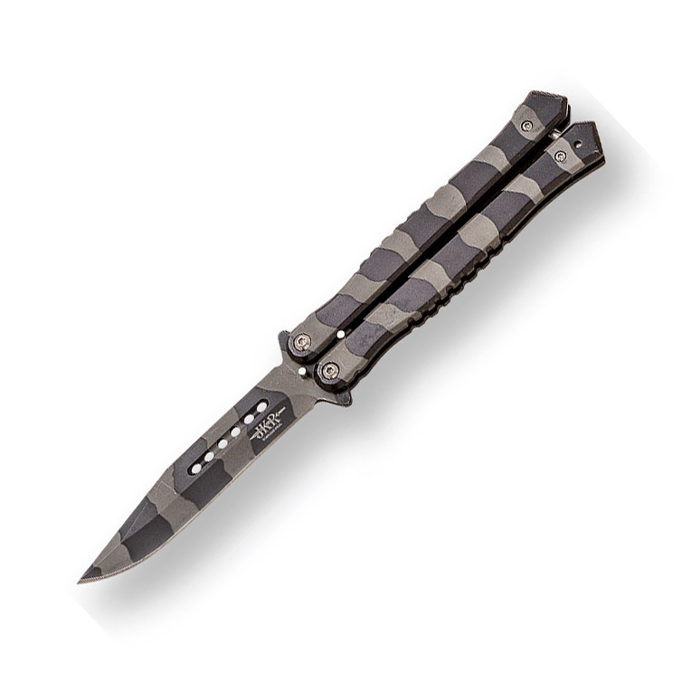 Couteau papillon camouflage noir avec manche en aluminium et lame...
