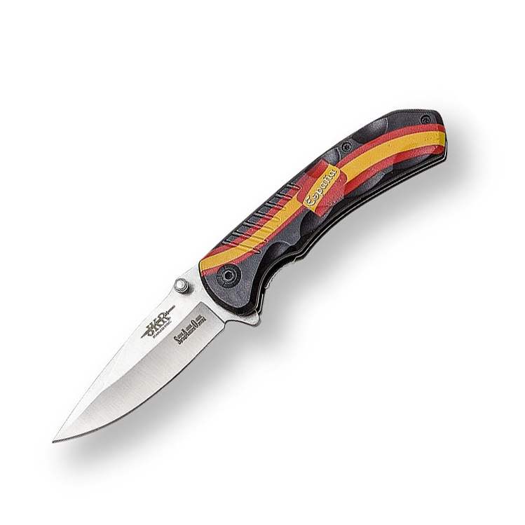 Couteau de poche manche noir avec drapeau espagnol et lame de 7,5...