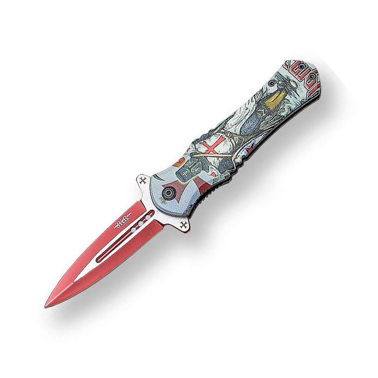 Couteau de poche avec manche décoré d'un Templier et lame rouge...