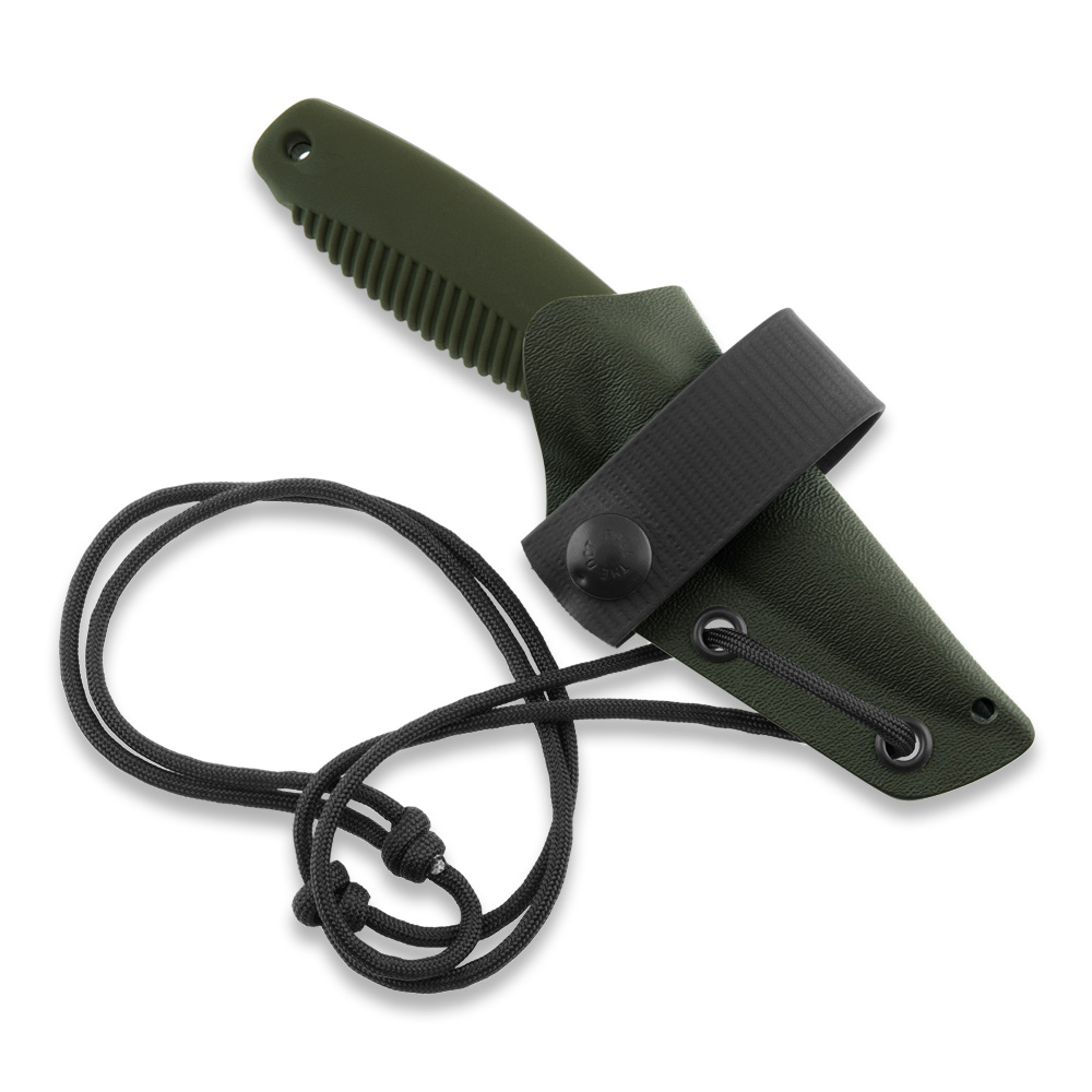 Cuchillo de supervivencia Peltonen M23 Ranger Cub con mango TPE verde y funda kydex