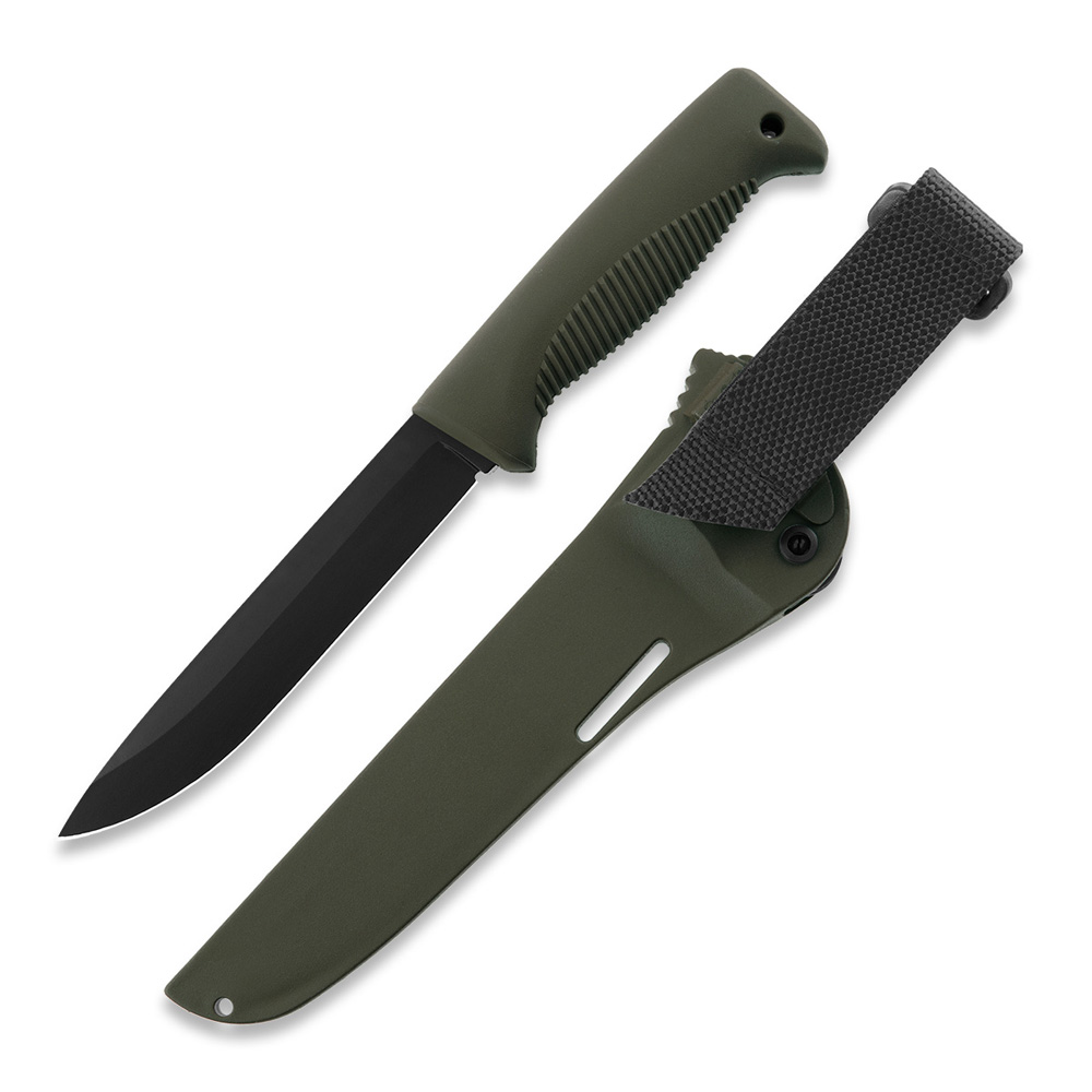 Cuchillo M95 Ranger Puukko con hoja teflonada, mango de TPE verde y funda de composite verde