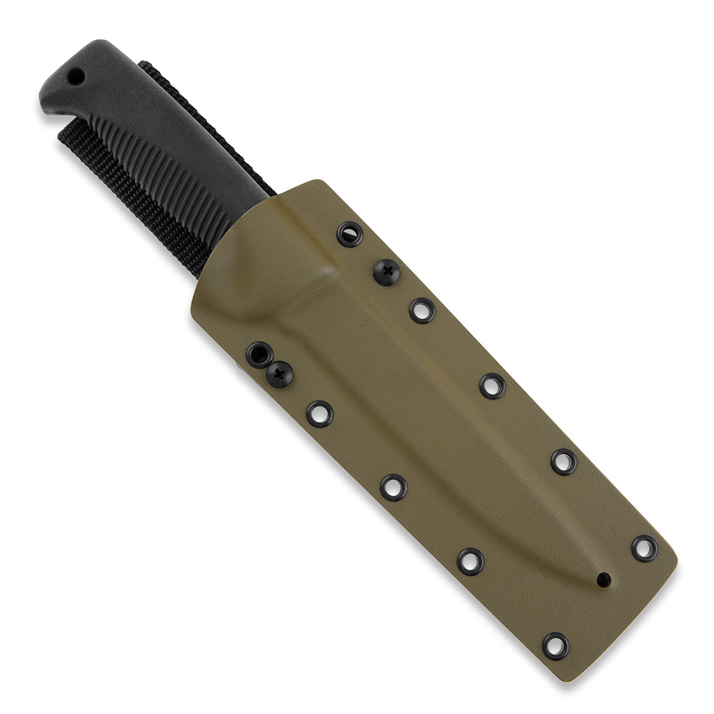 Cuchillo M95 Ranger Puukko con hoja teflonada, mango de TPE negro y funda kydex coyote