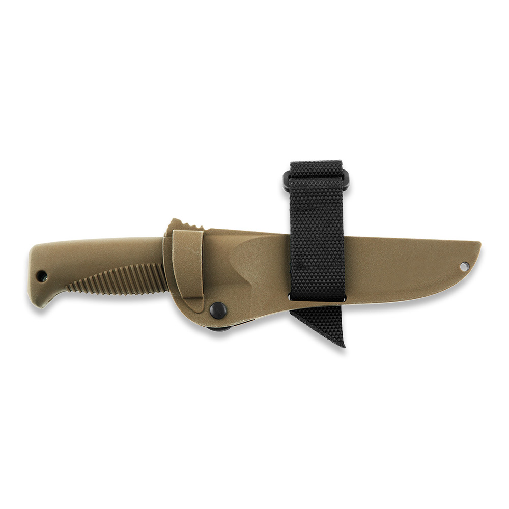 Cuchillo M07 Ranger Puukko con recubrimiento PTFE negro en la hoja y mango de TPE coyote y funda de composite coyote