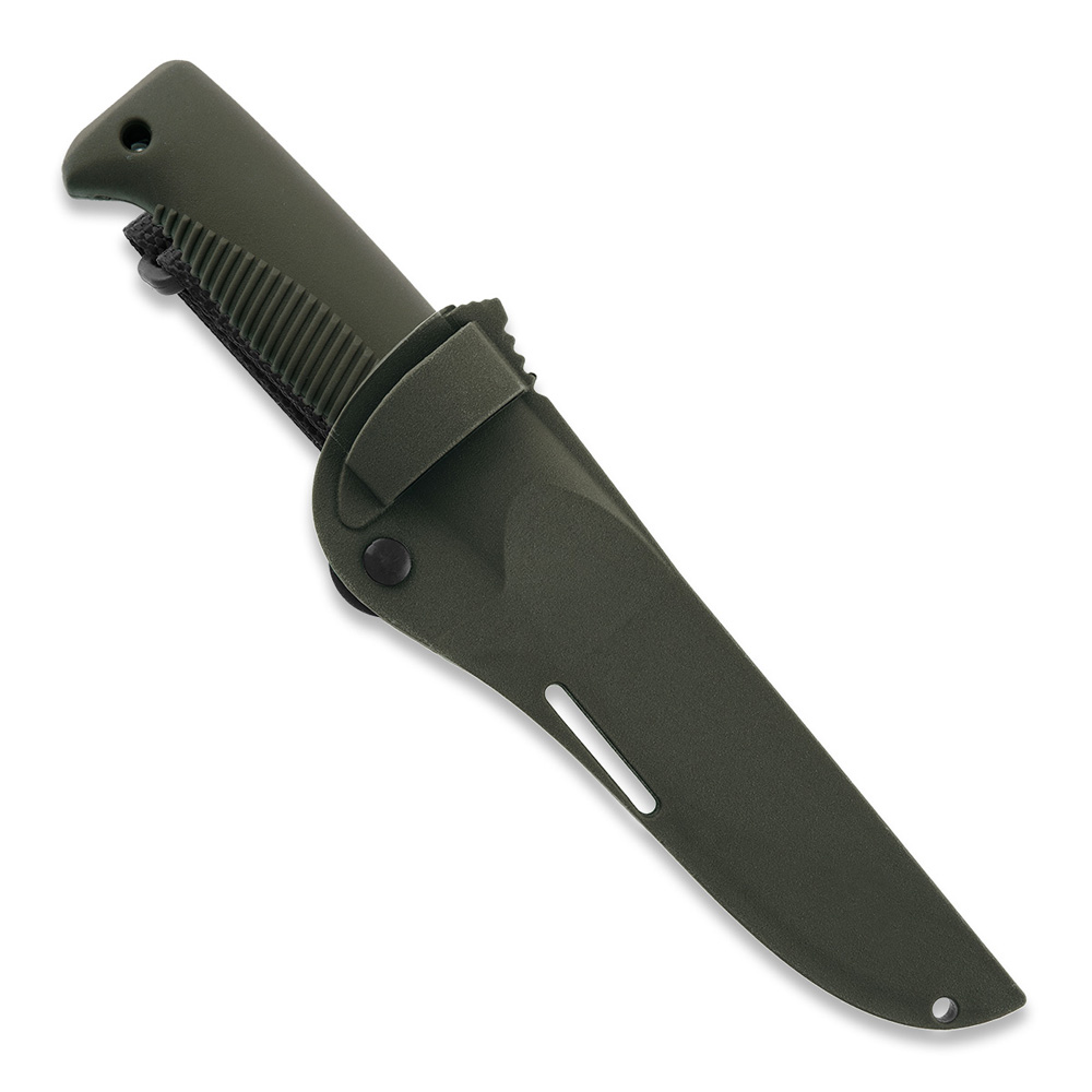 Cuchillo M07 Ranger Puukko con recubrimiento PTFE negro en la hoja y mango de TPE verde y funda de composite verde