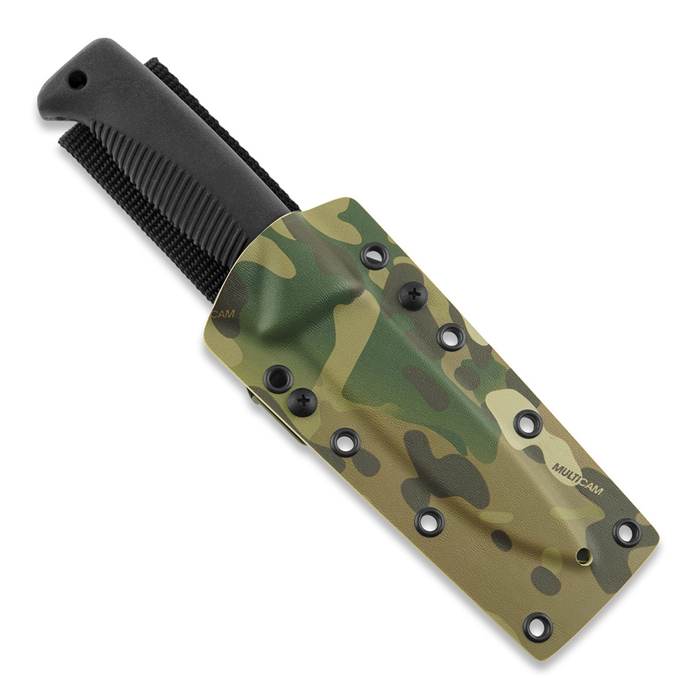 Cuchillo táctico M07 Ranger Puukko con hoja teflonada negra de 11.9 cm, mango de TPE negro y funda de kydex multicam