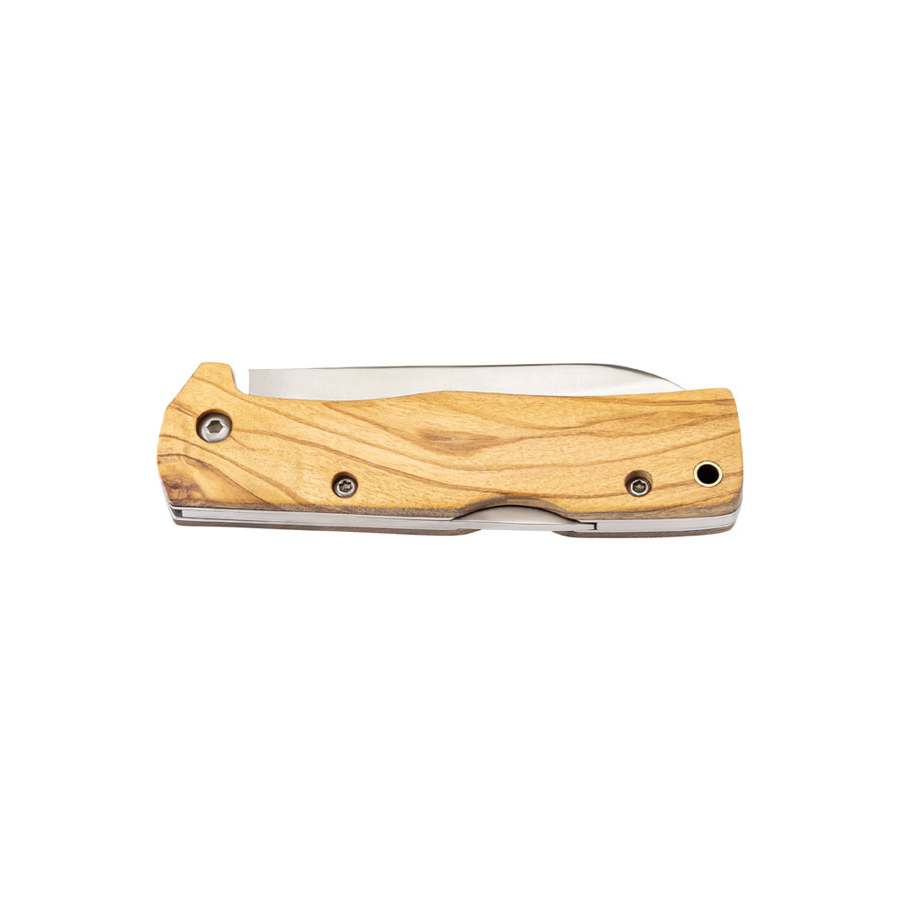 Navaja de bolsillo con hoja satinada de 6.9 cm y mango de madera de olivo