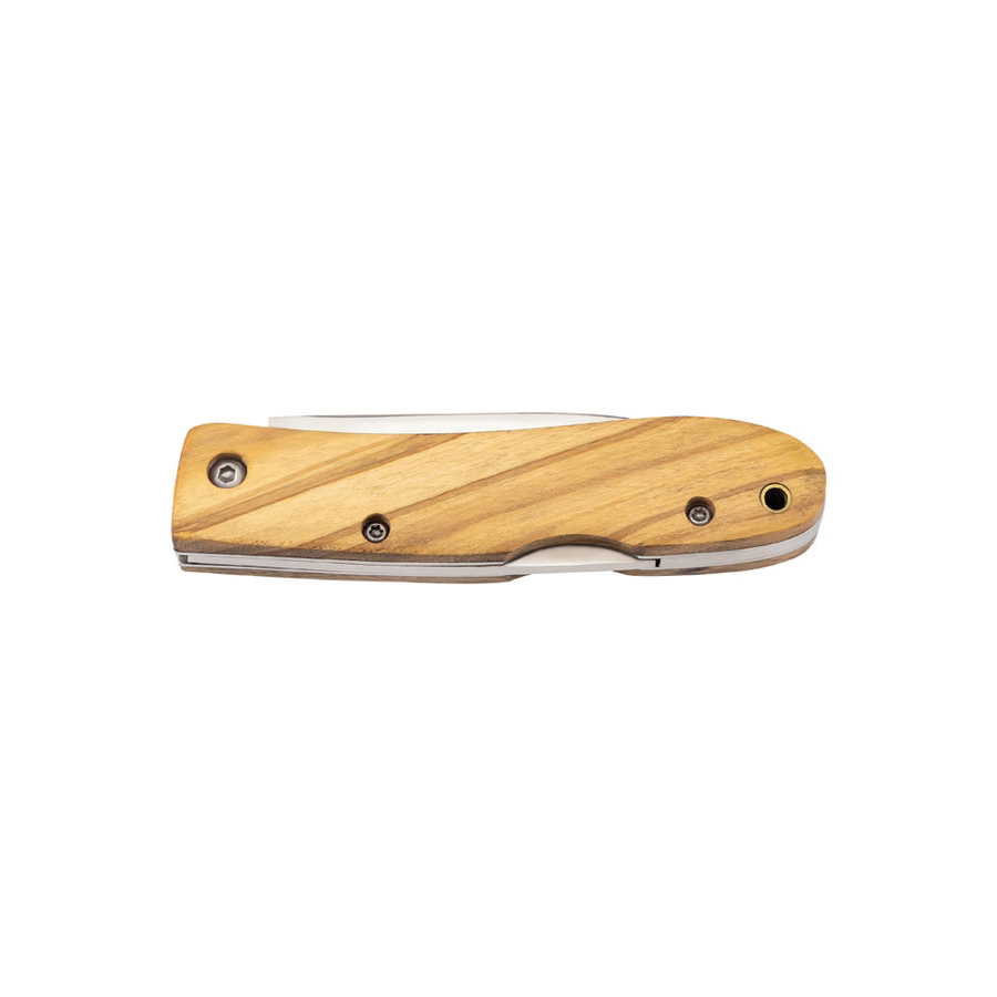 Navaja de bolsillo con hoja satinada de 7.3 cm y mango de madera de olivo