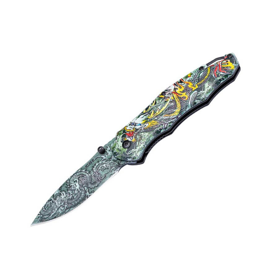 Couteau de poche avec manche en aluminium décoré de dragon et l...