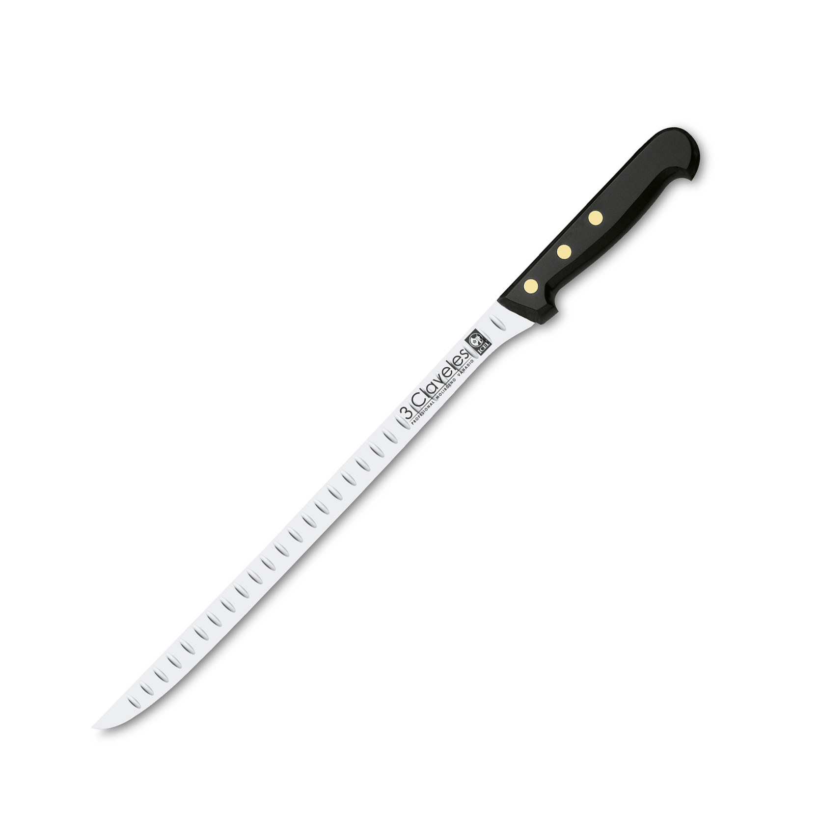 Cuchillo jamonero alveolado con mango pom y hoja de 30 cm 3 Claveles presentación en caja