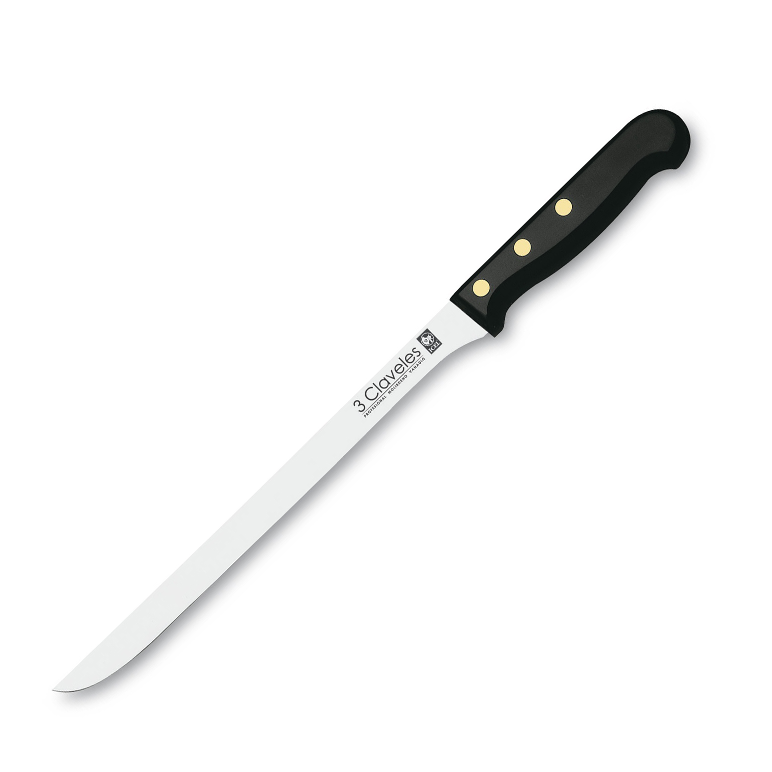 Cuchillo jamonero con mango pom y hoja de 30 cm 3 Claveles presentación en caja