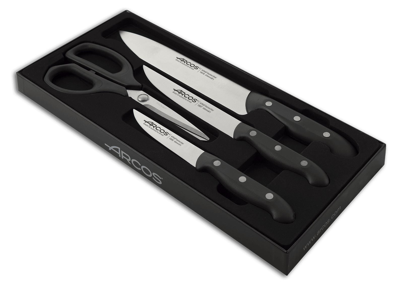 Juego de tres cuchillos cocineros y tijeras Arcos Maitre