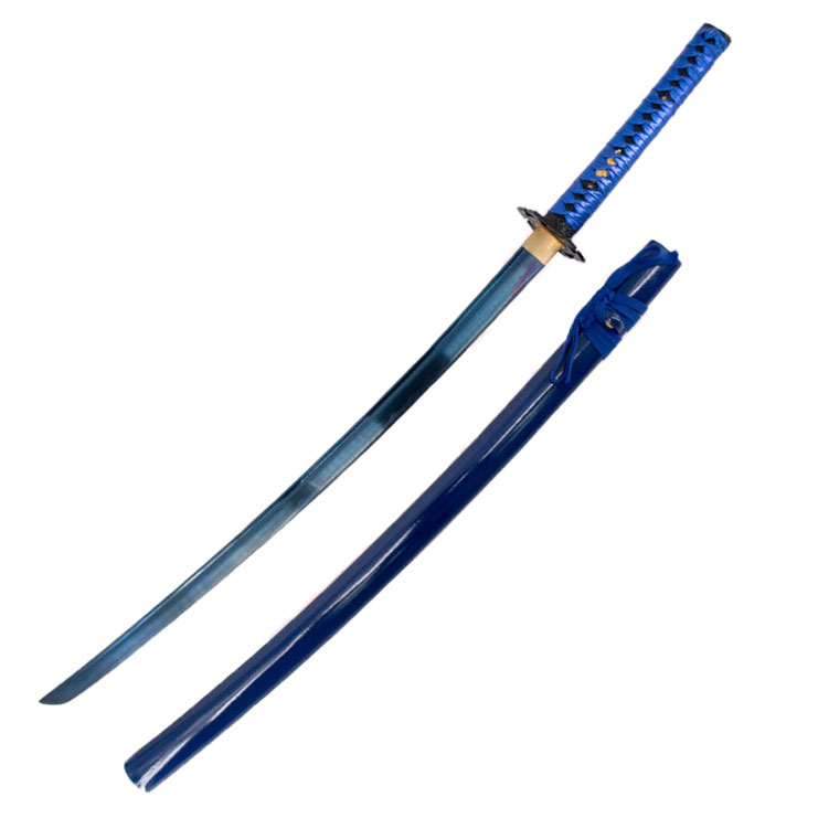 Katana funcional azul con caja de presentación y soporte