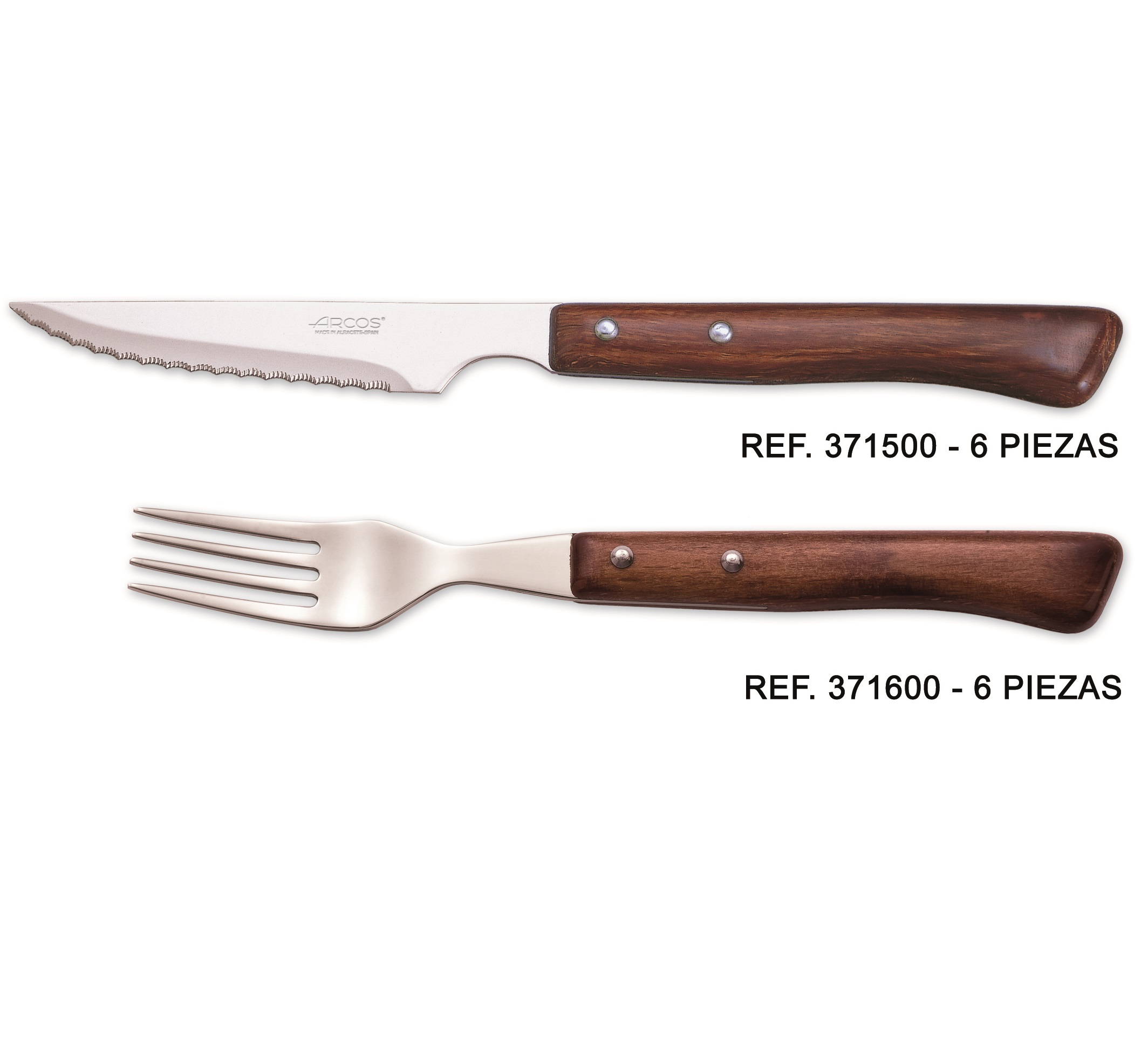 Set de 6 cuchillos chuleteros y 6 tenedores Arcos con mango de madera