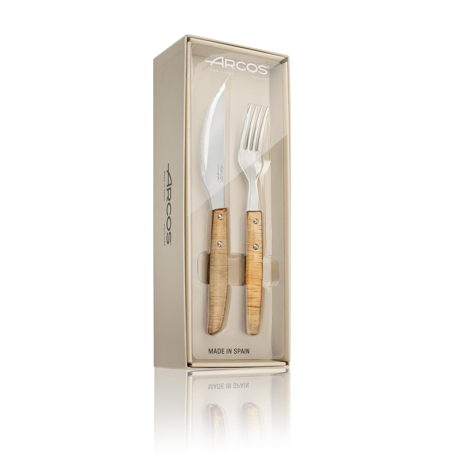 Set de 6 cuchillos chuleteros y 6 tenedores Arcos Forest con mang...