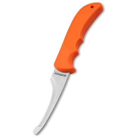 Cuchillo de destripar con hoja de punta roma y parcialmente denta...