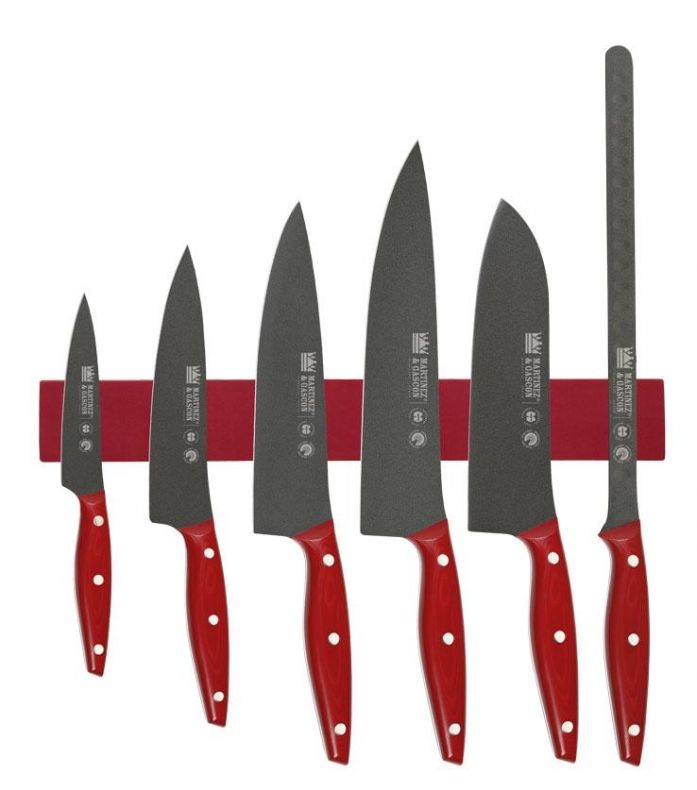 Set imán con 6 cuchillos cocineros de teflón y mango de mikarta roja Martínez y Gascón