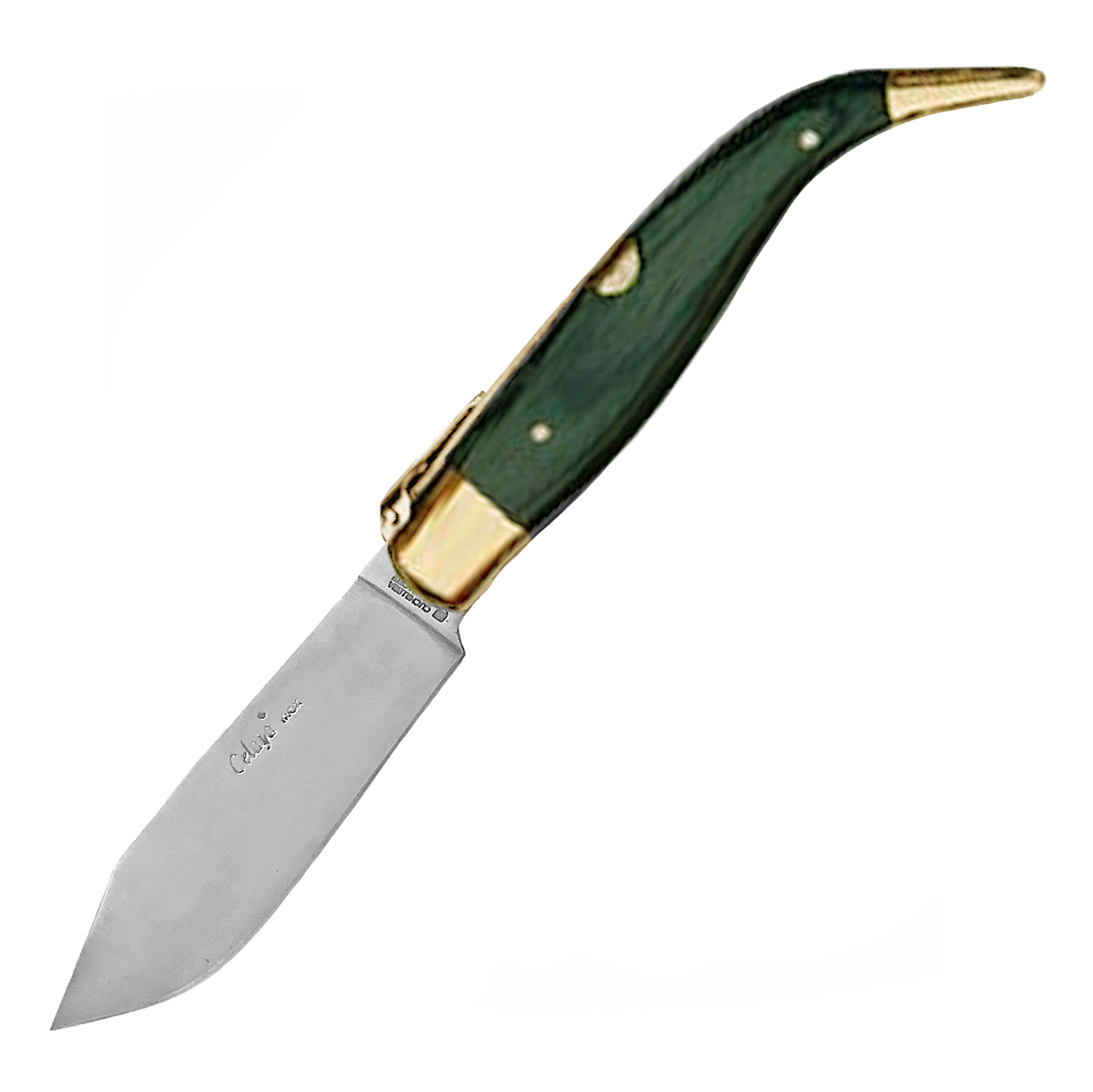 Navaja Pastora artesana con mango de madera verde y virola de lat...