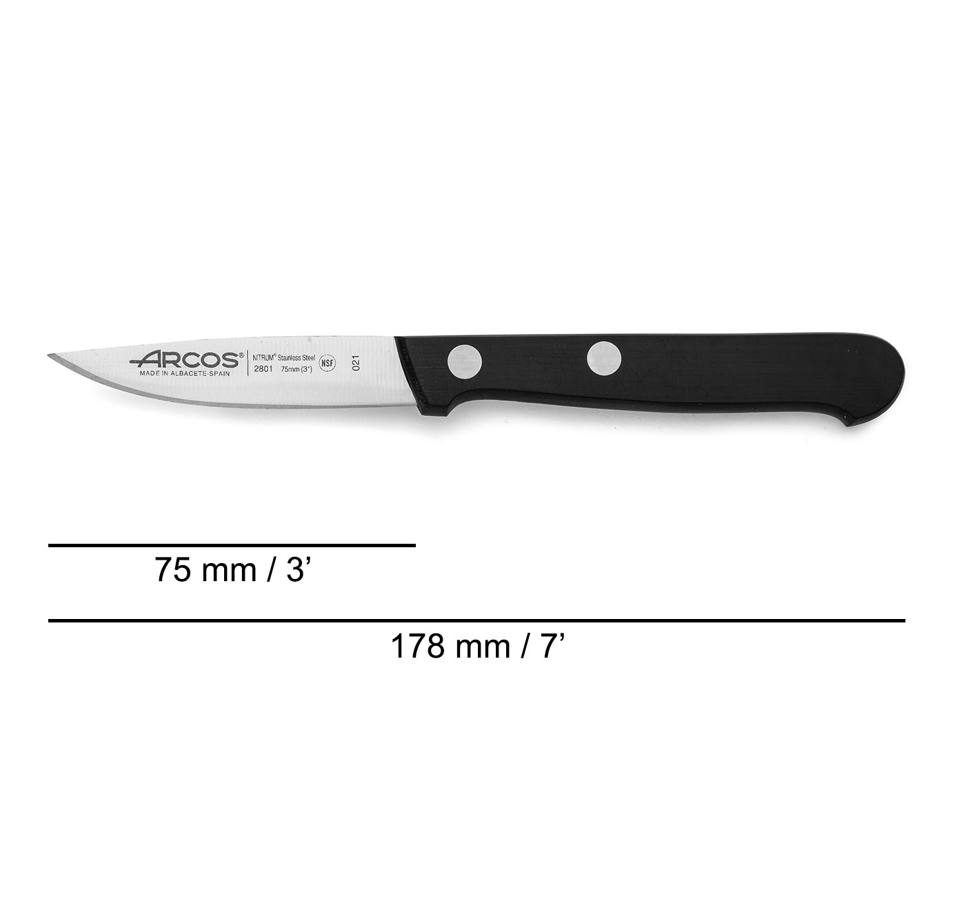 Cuchillo mondador estrecho Arcos Universal 75 mm con mango de polioximetileno negro