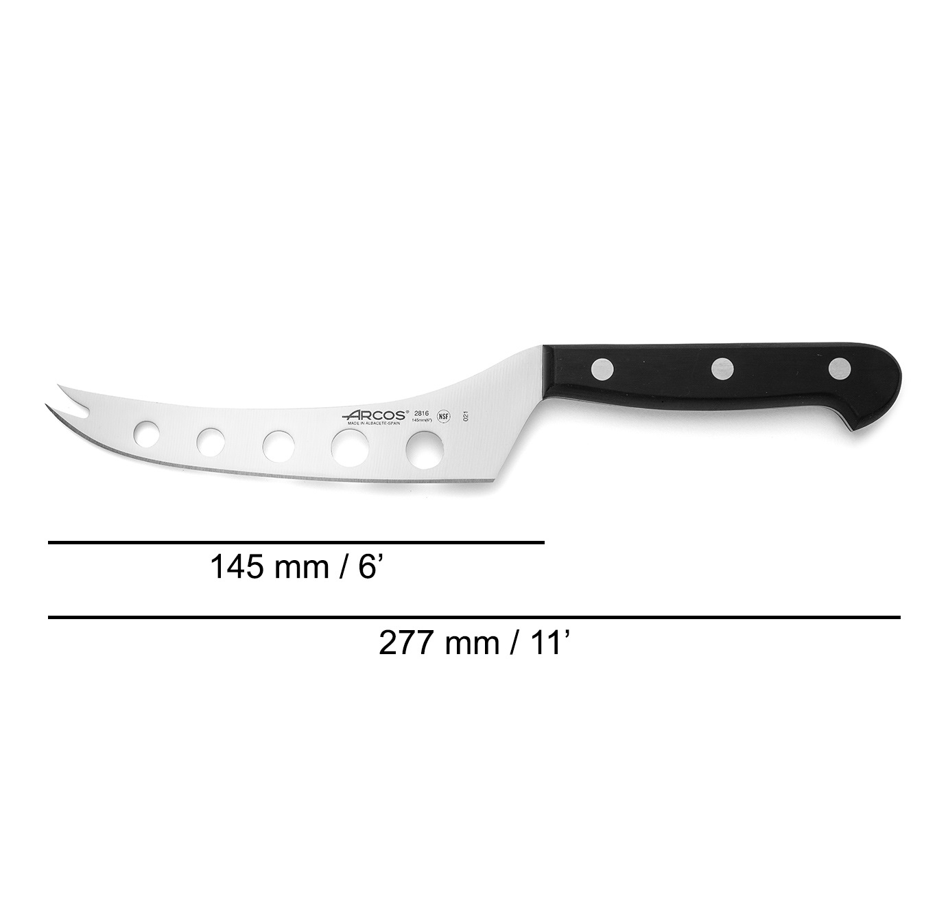 Faca de queijo universal Arcos com cabo em polioximetileno preto e lâmina perfurada de 145 mm
