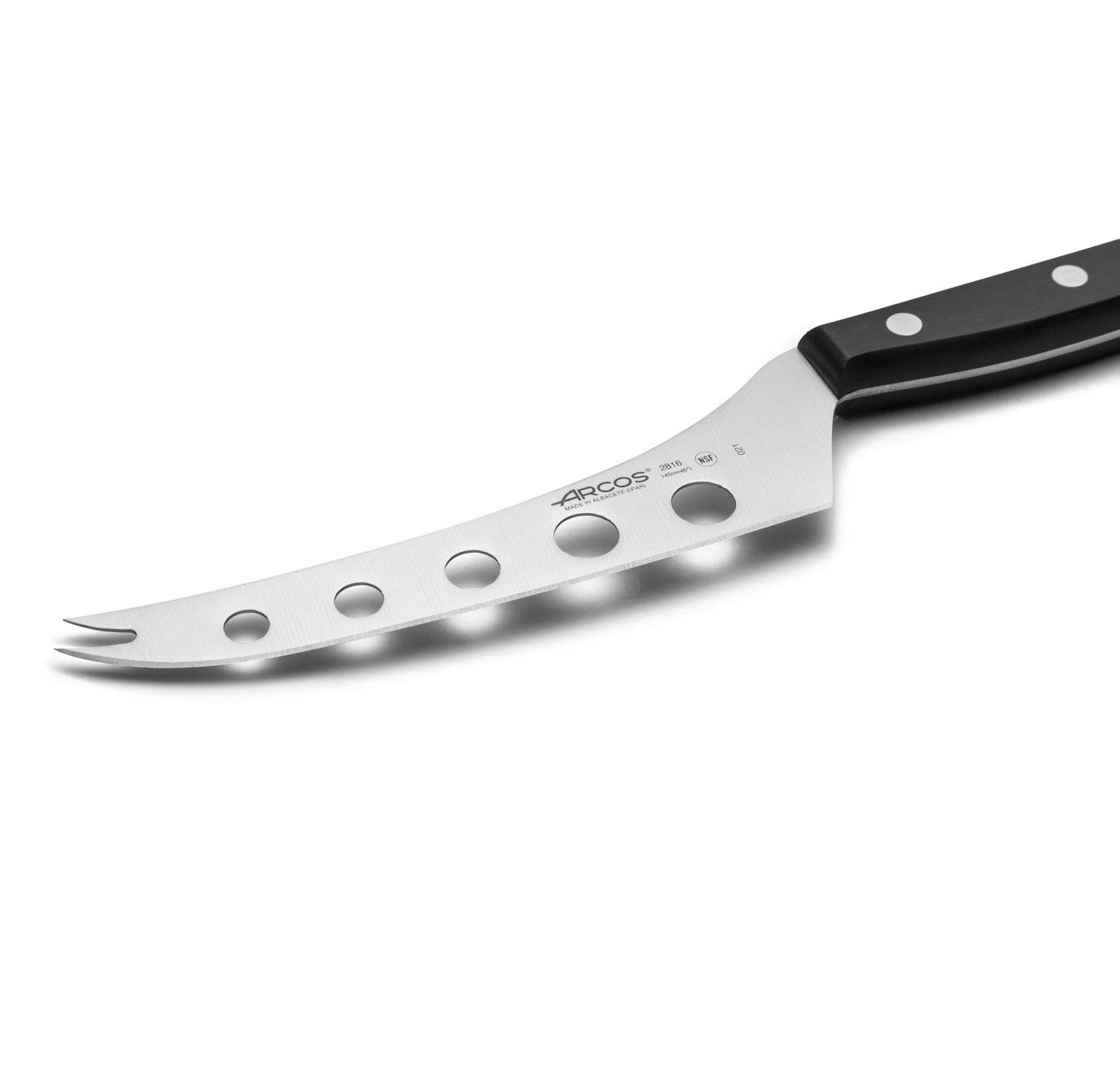 Faca de queijo universal Arcos com cabo em polioximetileno preto e lâmina perfurada de 145 mm