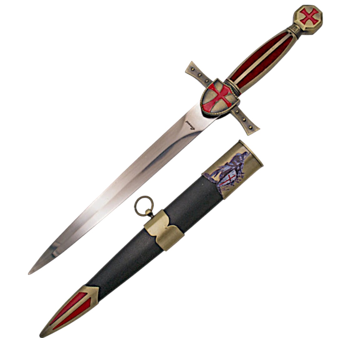 Adaga Templária com lâmina de 22 cm e cabo vermelho com botão e guarda em bronze antigo