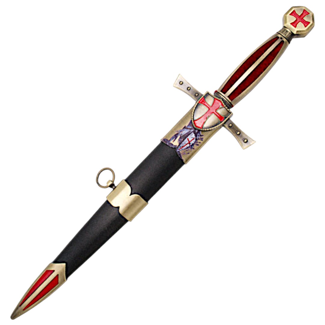 Templerdolch mit 22 cm Klinge und rotem Griff mit antikem Bronzeknopf und Schutzbügel