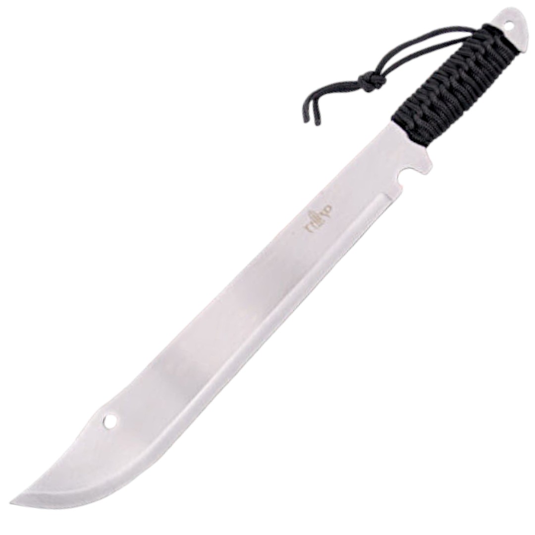 Machete con hoja satinada de 39 cm y mango encordado negro