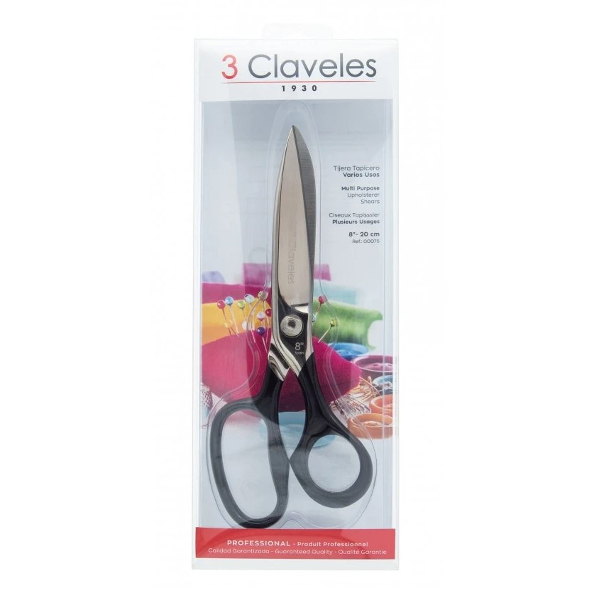 Tijeras de tapicero de 20 cm forjada en caliente con mango esmaltado negro 3 Claveles