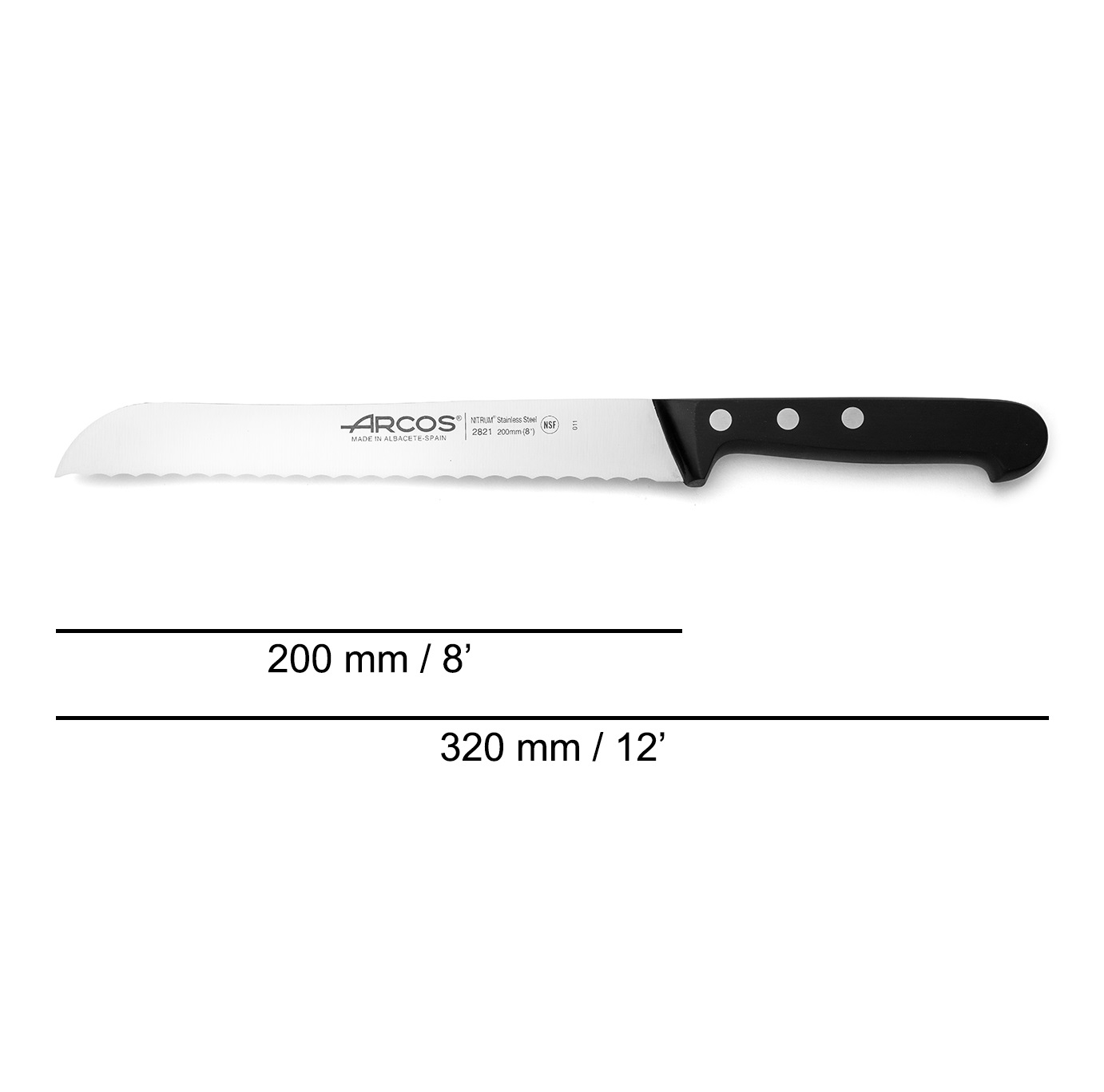 Faca de pão Arcos com lâmina de 20 cm, série Universal, com cabo preto