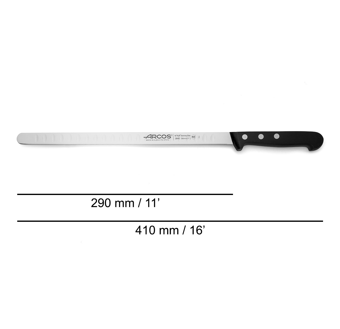 Faca Arcos para salmão com ponta redonda e lâmina oca de 29 cm, série universal, com cabo preto