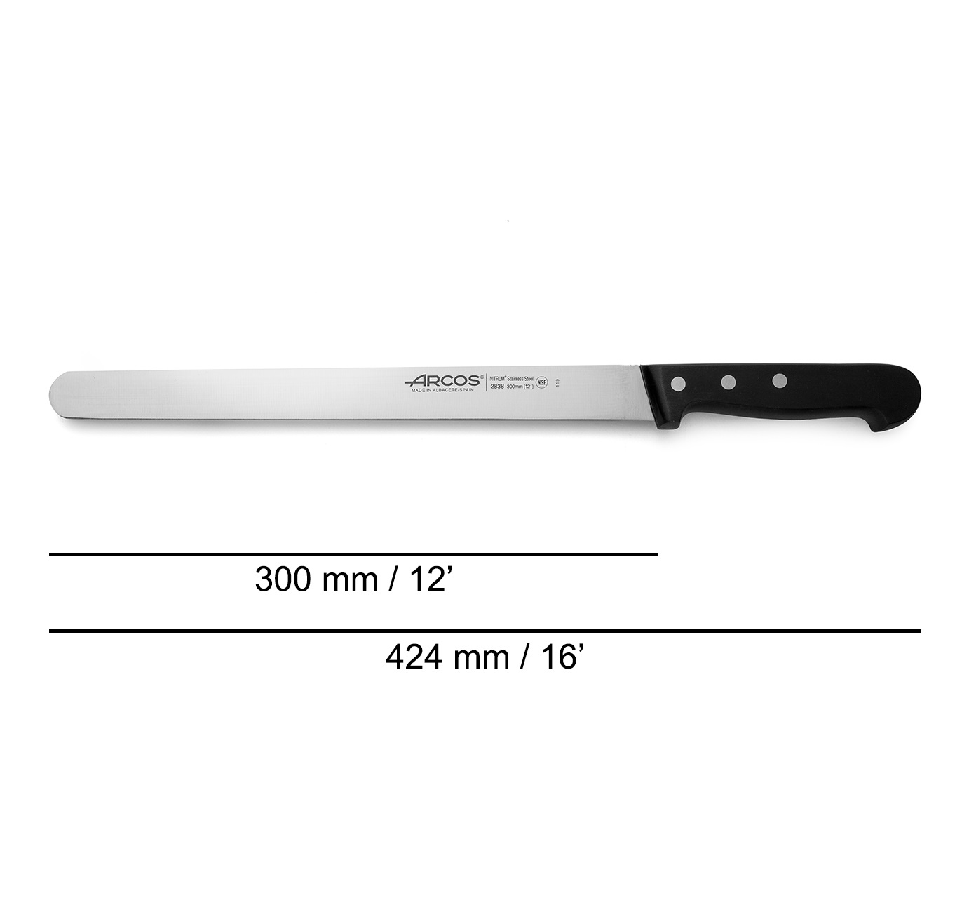 Faca para frios Arcos Universal Series com ponta redonda e lâmina larga de 30 cm e cabo preto