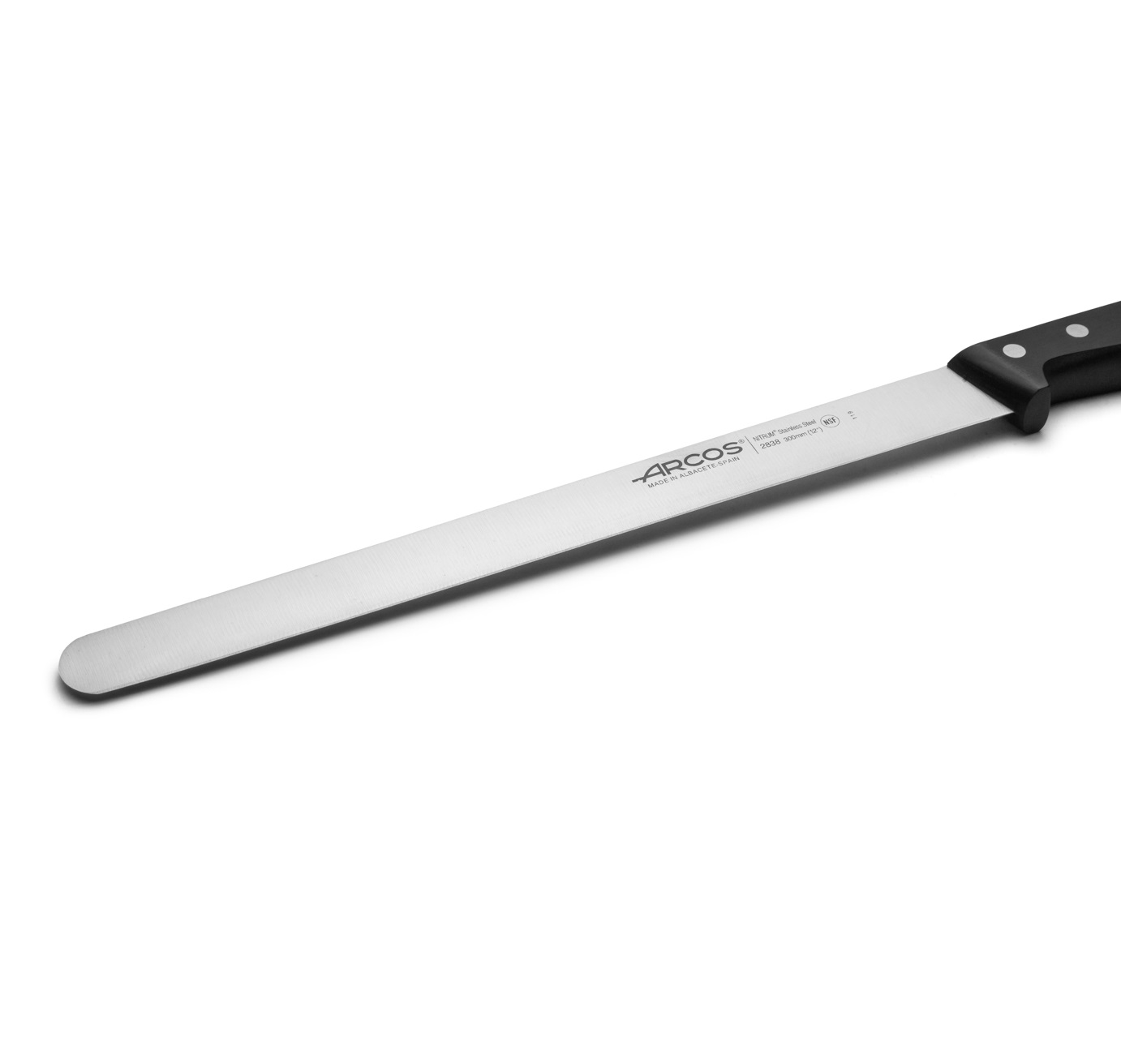 Faca para frios Arcos Universal Series com ponta redonda e lâmina larga de 30 cm e cabo preto