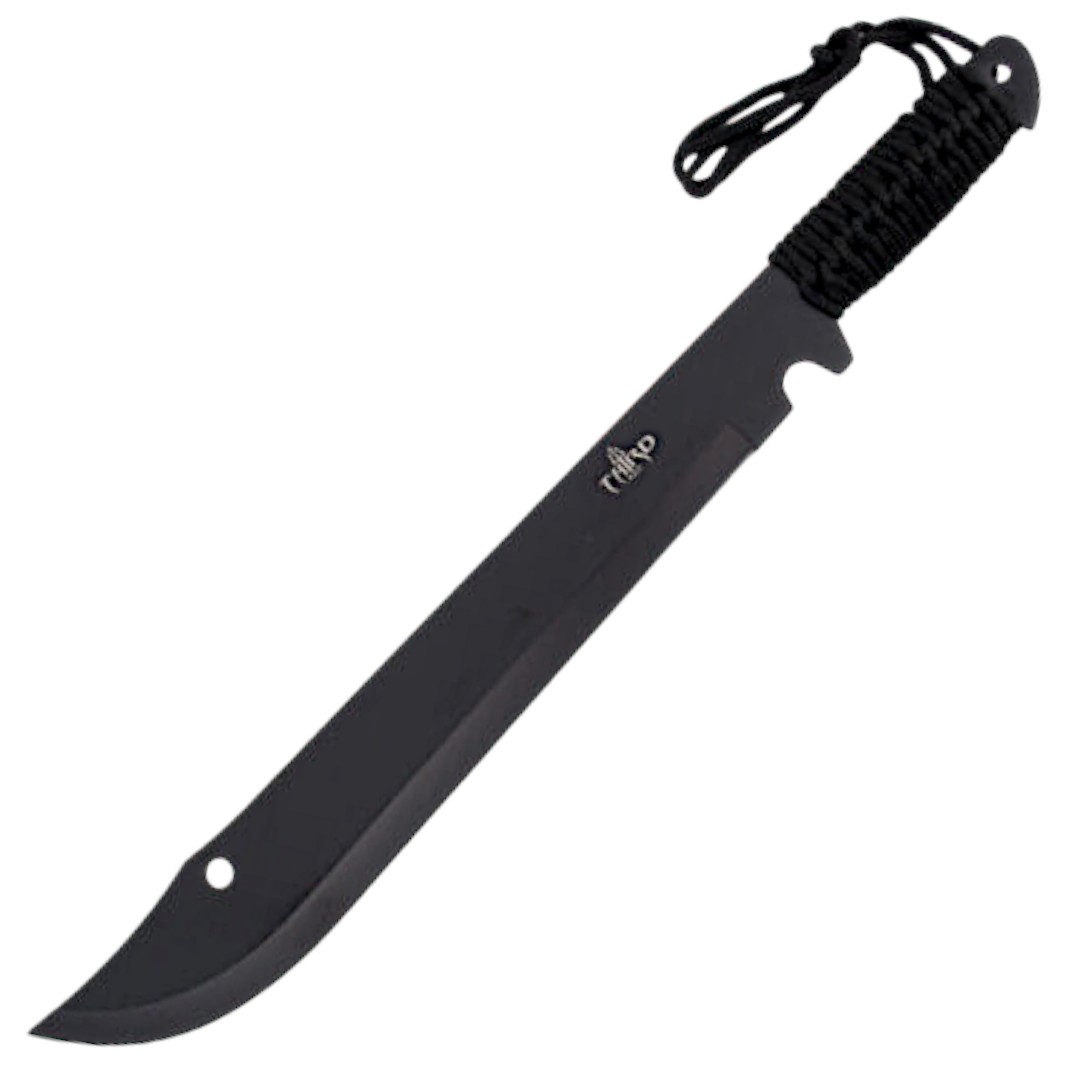 Machete con hoja negra de 39 cm y mango encordado negro