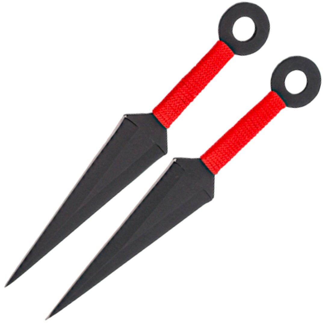 Set mit 2 schwarzen Wurfmessern mit rot bespanntem Griff 10465