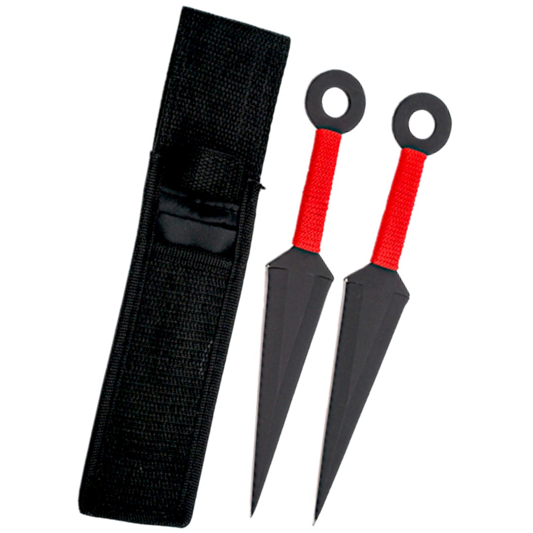 Set mit 2 schwarzen Wurfmessern mit rot bespanntem Griff 10465
