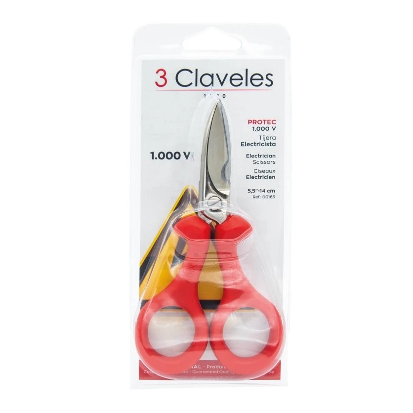 Tijeras electricista Protec de 14 cm con mango inyectado aislante 3 Claveles