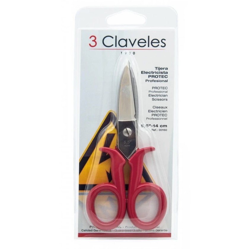 Tijeras electricista Protec de 14 cm con mango inyectado aislante rojo 3 Claveles