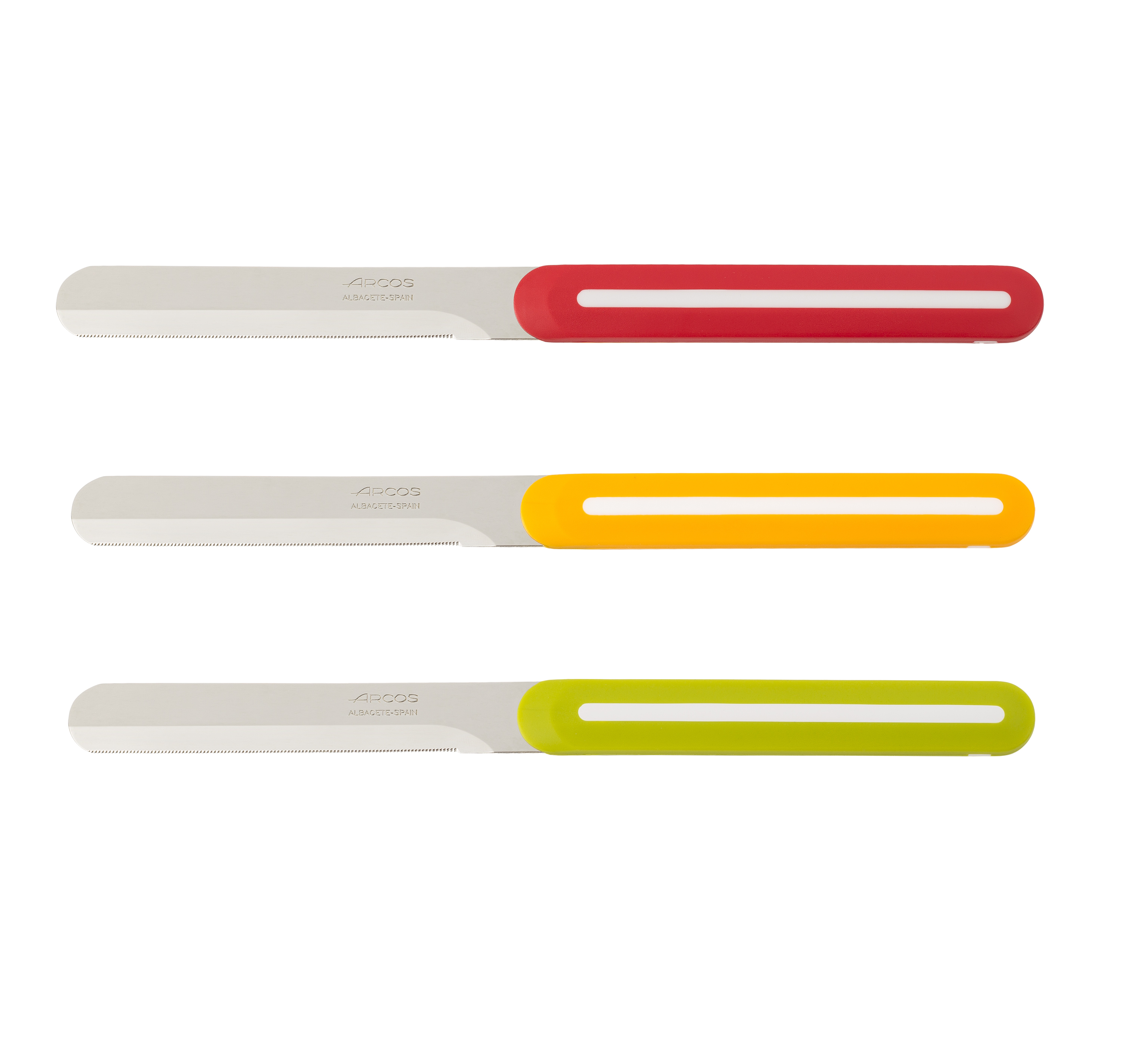 Set of 3 table knives with micro-pearl edge and multi-colored handle