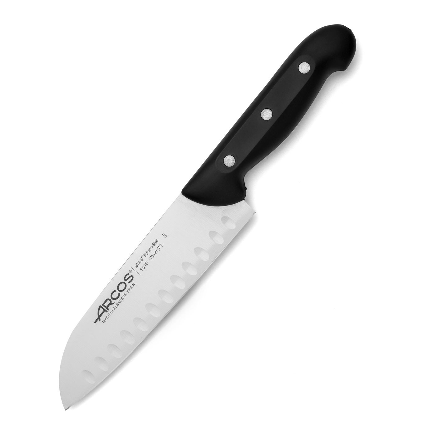 Cuchillo santoku Arcos Maitre con mango de polipropileno negro y ... Cuchillo santoku Arcos Maitre con mango de polipropileno negro y ...