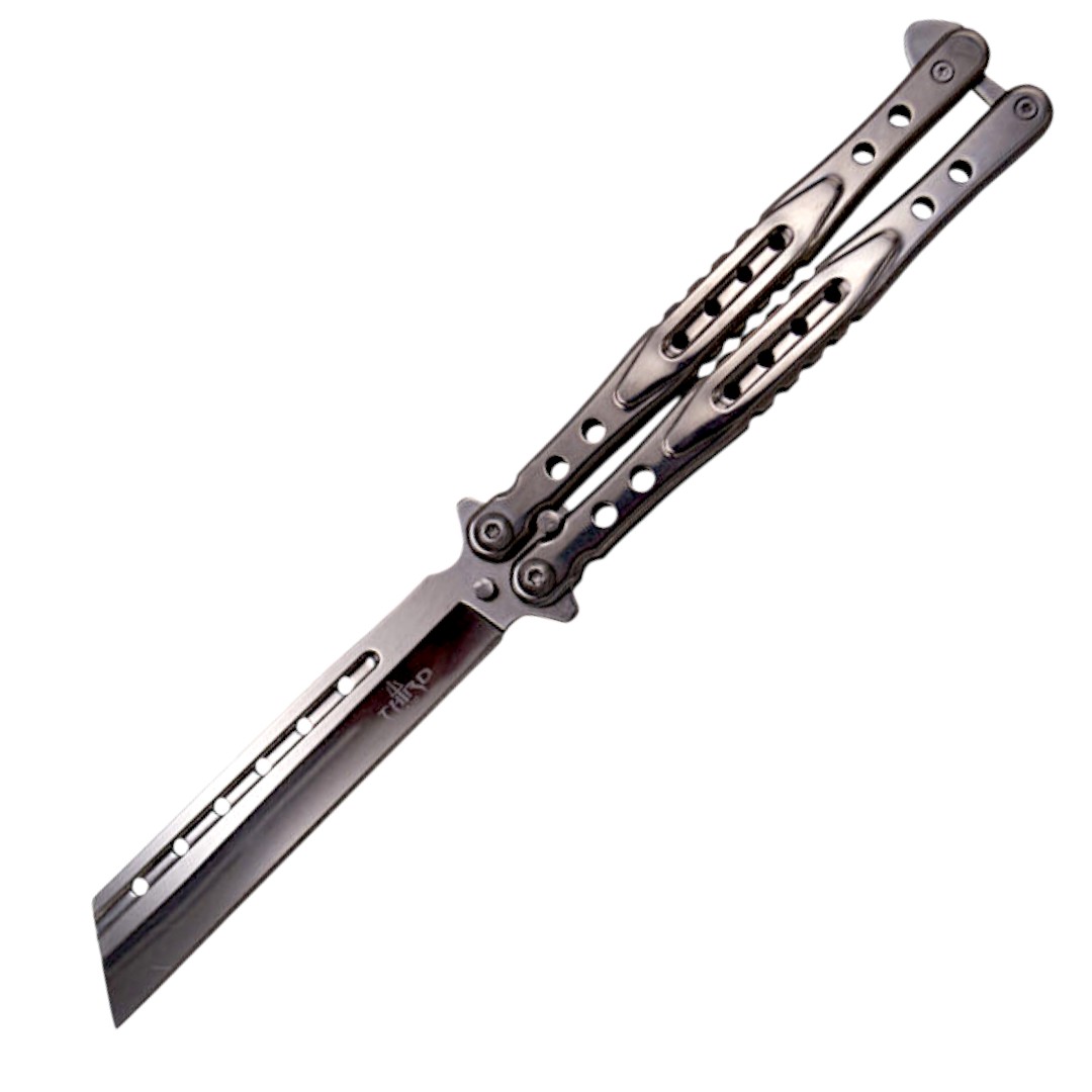 Navaja mariposa cromada con punta tanto