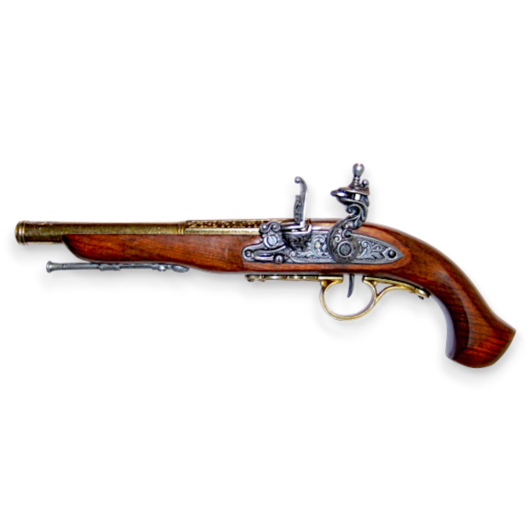 18th century left-handed flintlock pistol made of wood and brass-...
