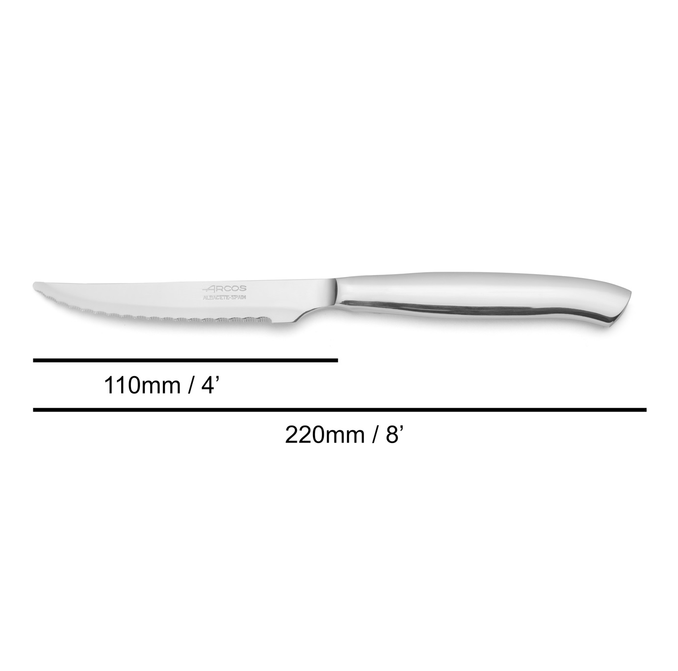 Conjunto de 4 facas de bife Arcos monobloco em aço inoxidável com lâmina serrilhada