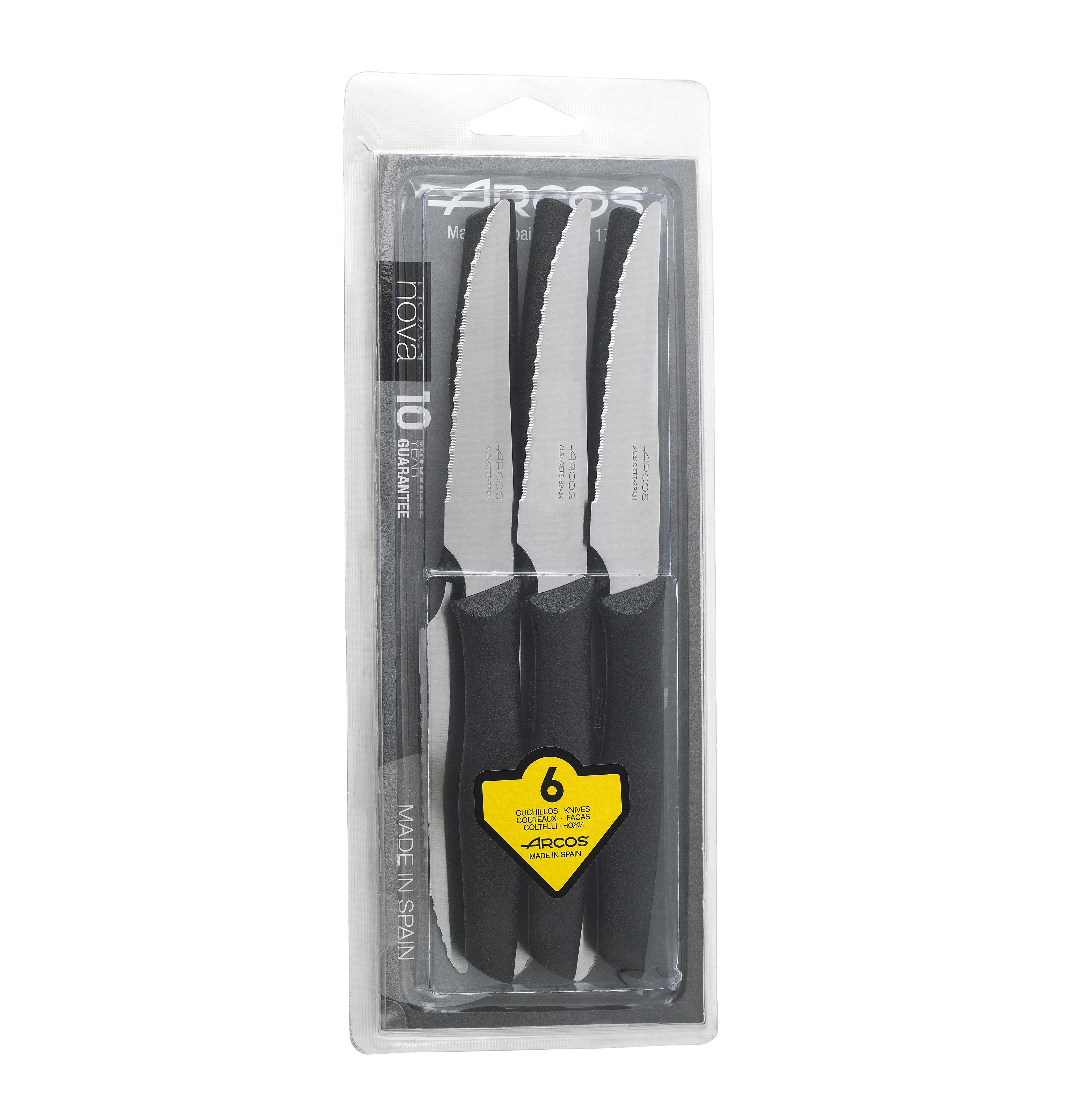 Lot de 6 couteaux à steak Arcos Nova avec lame pointue de 110 mm et manche en polypropylène noir