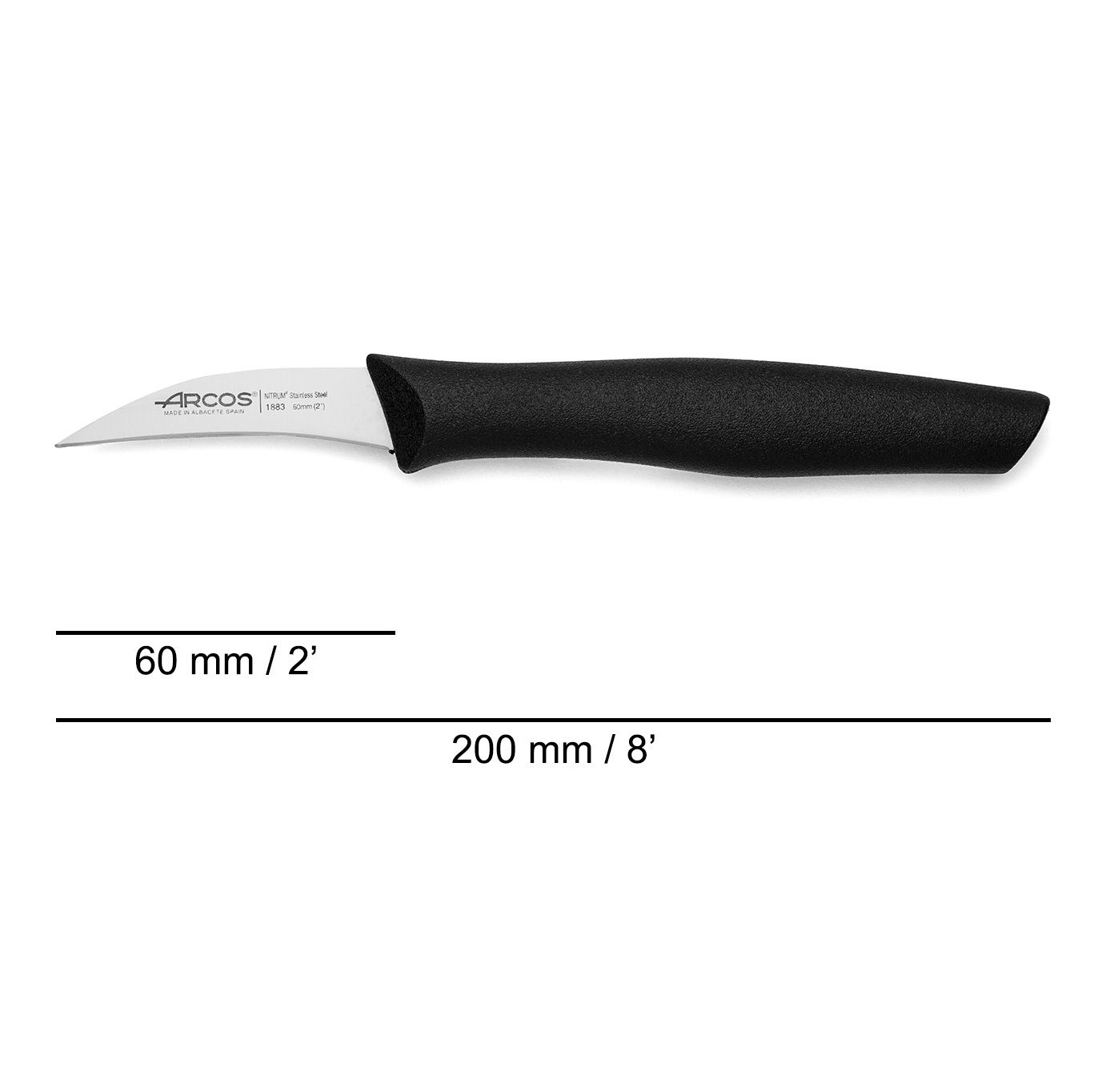 Ensemble de 3 couteaux d'office Arcos Nova : 1 couteau incurvé avec une lame de 60 mm, 1 couteau pointu dentelé et 1 couteau à lame lisse avec une lame de 100 mm et un manche en polypropylène noir.