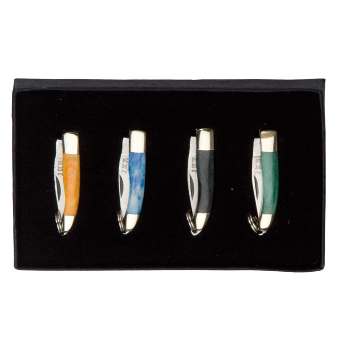 Set di 4 coltelli in miniatura JKR con manici in osso in diversi colori e ottone e una lama stretta da 3 cm